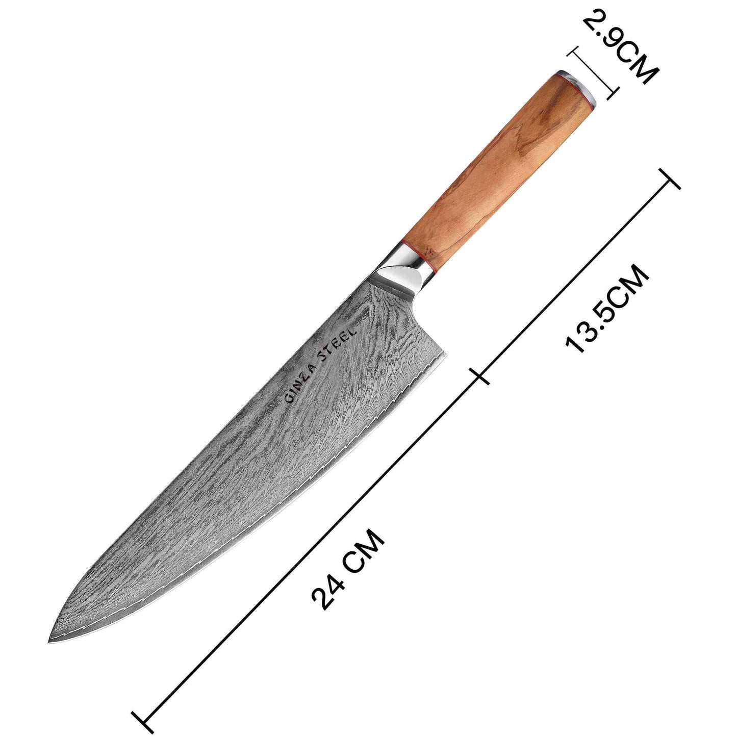 Ginza Steel MIA 24 Chef Knife 9” – Damascus AUS10, 67-Layer, Olive Wood Handle