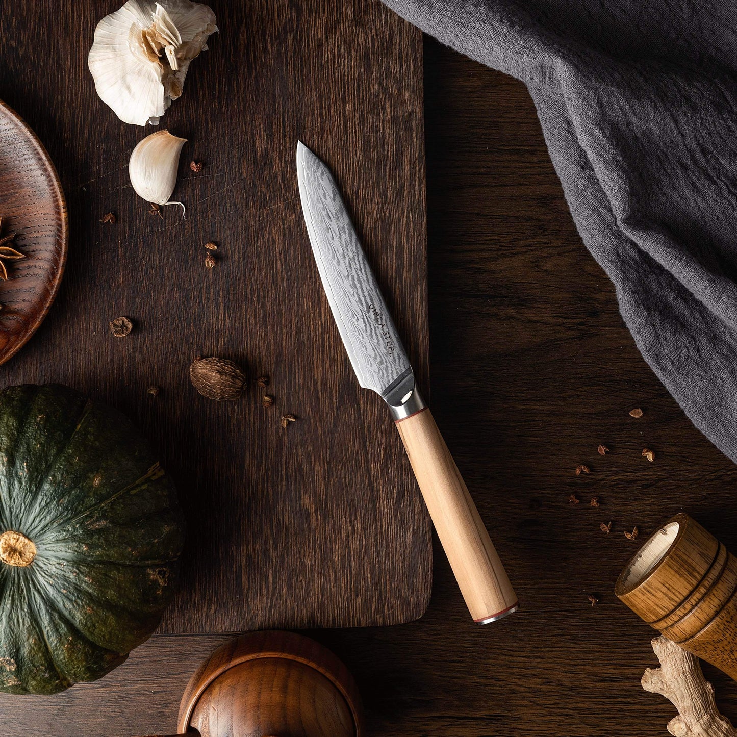 Ginza Steel MIA 12 Utility Knife 5” – Damascus AUS10, 67-Layer, Olive Wood Handle