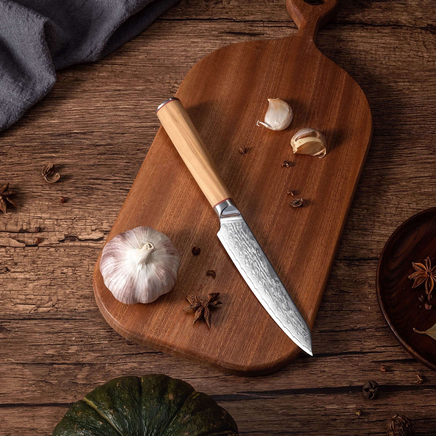 Ginza Steel MIA 12 Utility Knife 5” – Damascus AUS10, 67-Layer, Olive Wood Handle