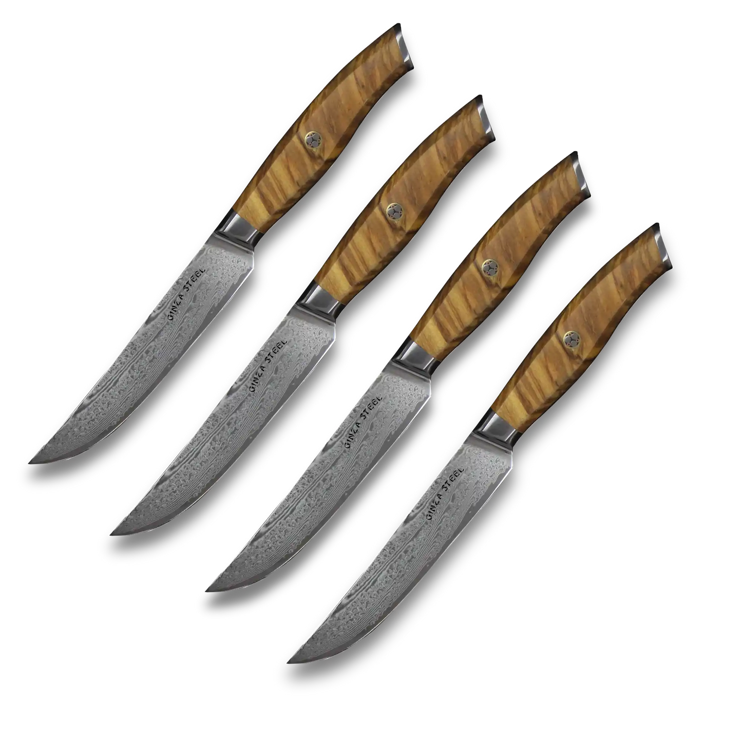 Ginza Steel AMELIA Five – 4-Piece VG10 Damascus Steel Steak Knife Set with Wood Block