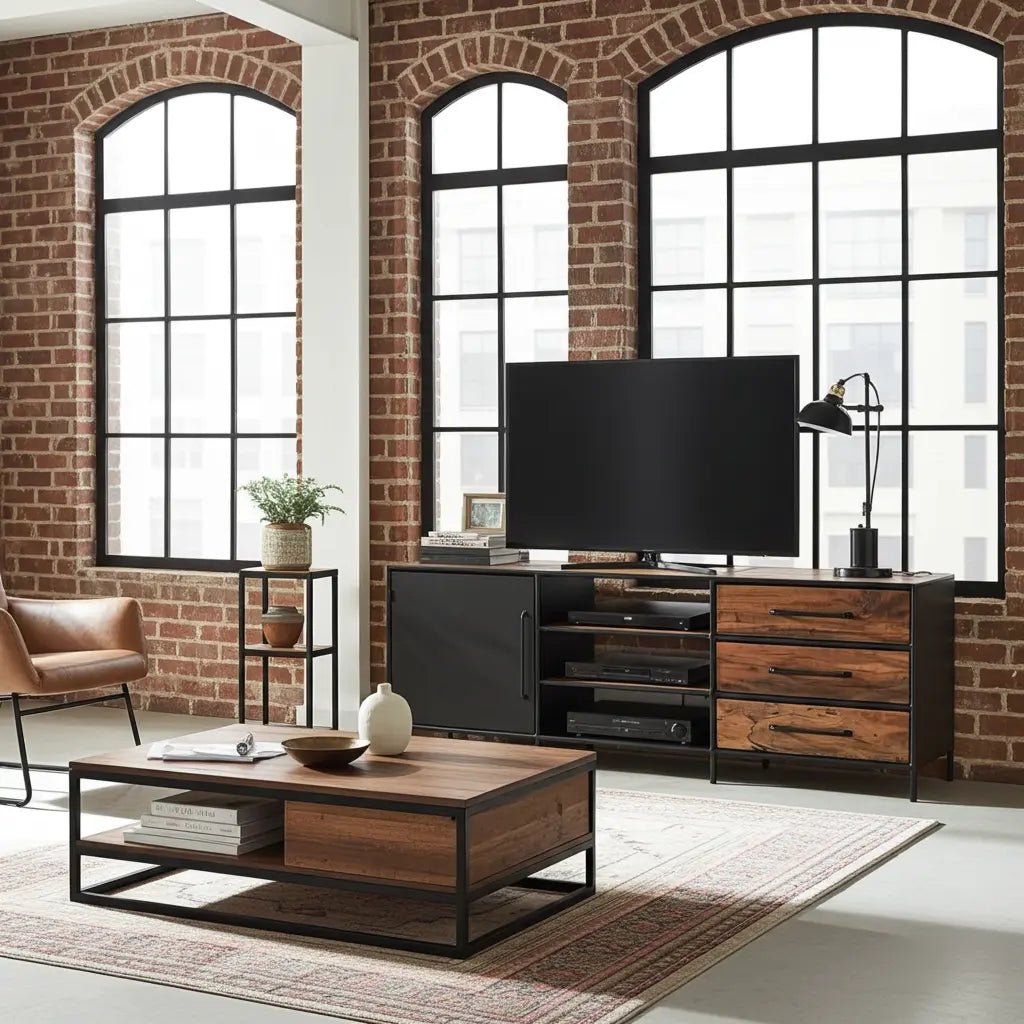 Meuble télé en bois recyclé avec porte en acier et 3 tiroirs