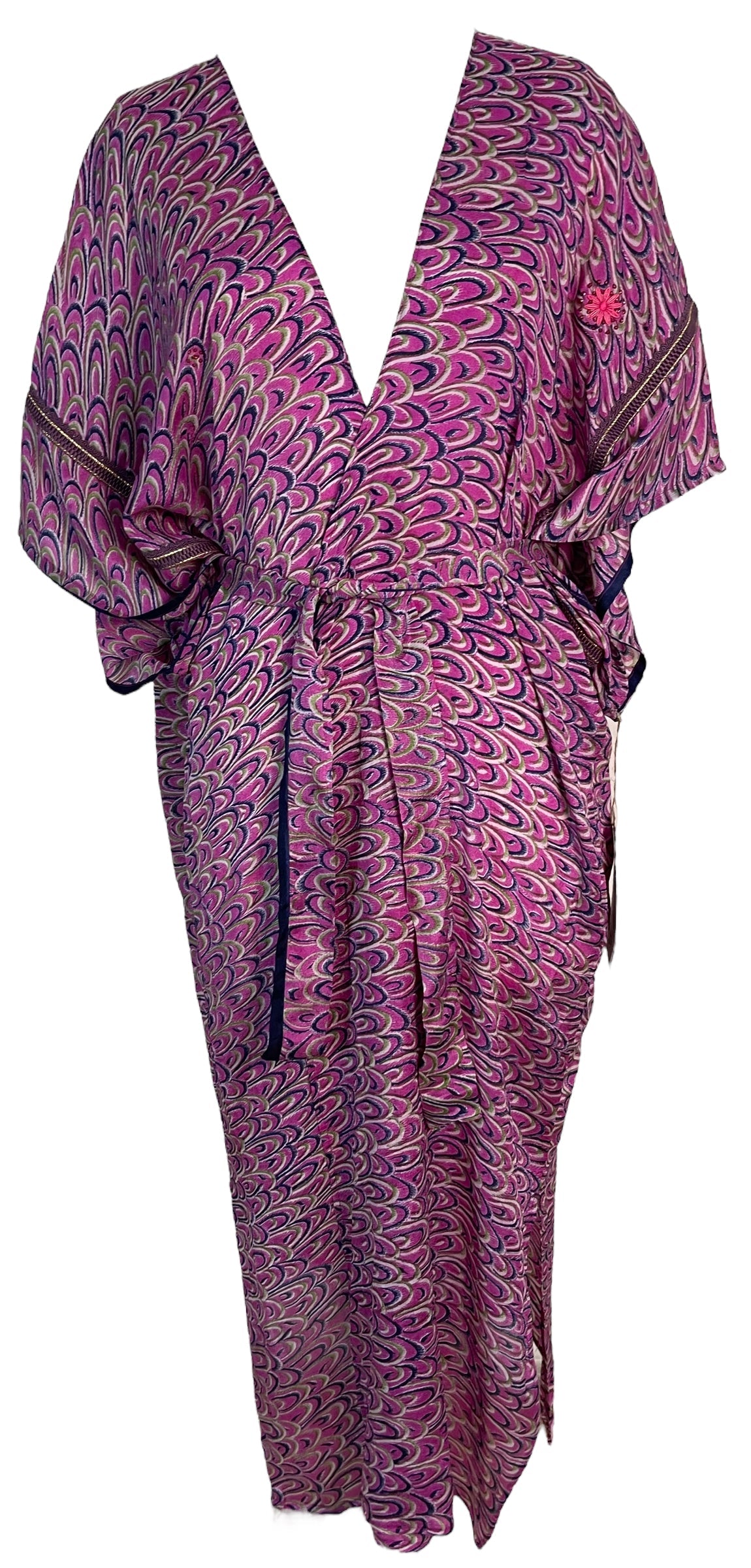 PRC6191 Avatar Long Pure Silk Kimono Sleeved Duster with Belt