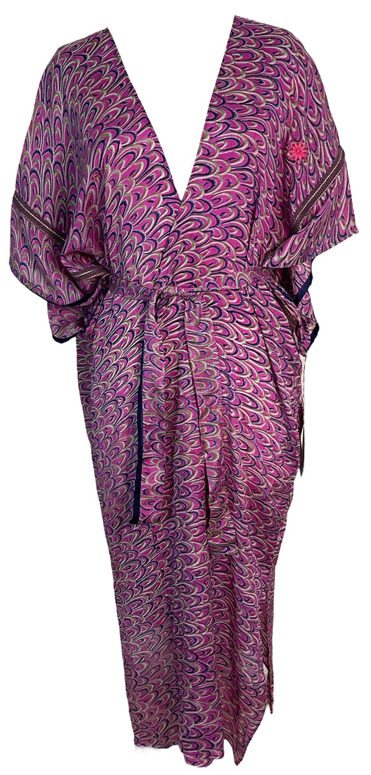 PRC6191 Avatar Long Pure Silk Kimono Sleeved Duster with Belt