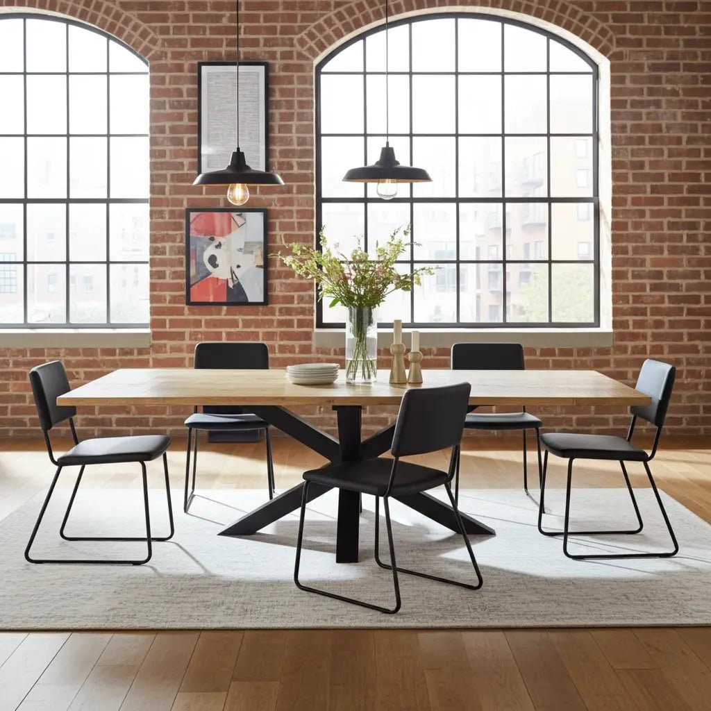 Table à diner patte Spider noir mat avec plateau en bois de manguier extensible