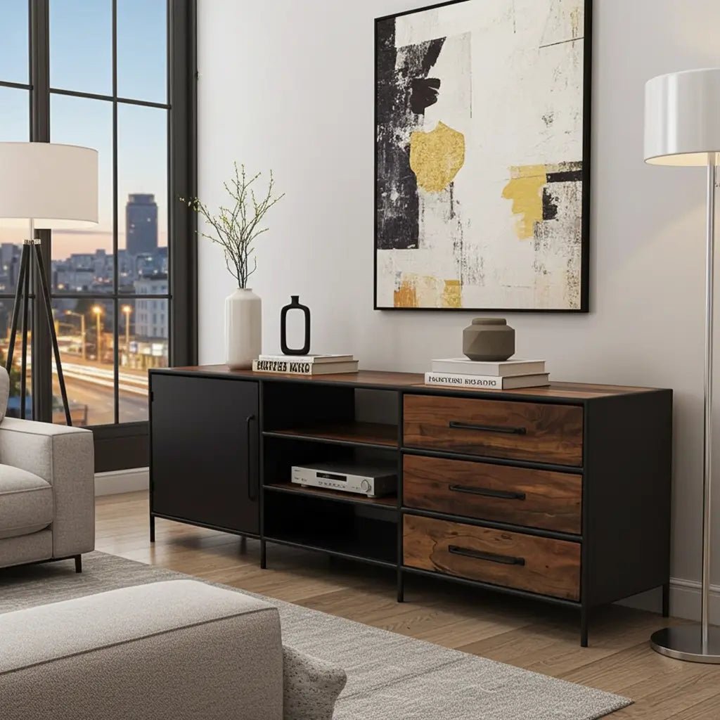 Meuble télé en bois recyclé avec porte en acier et 3 tiroirs