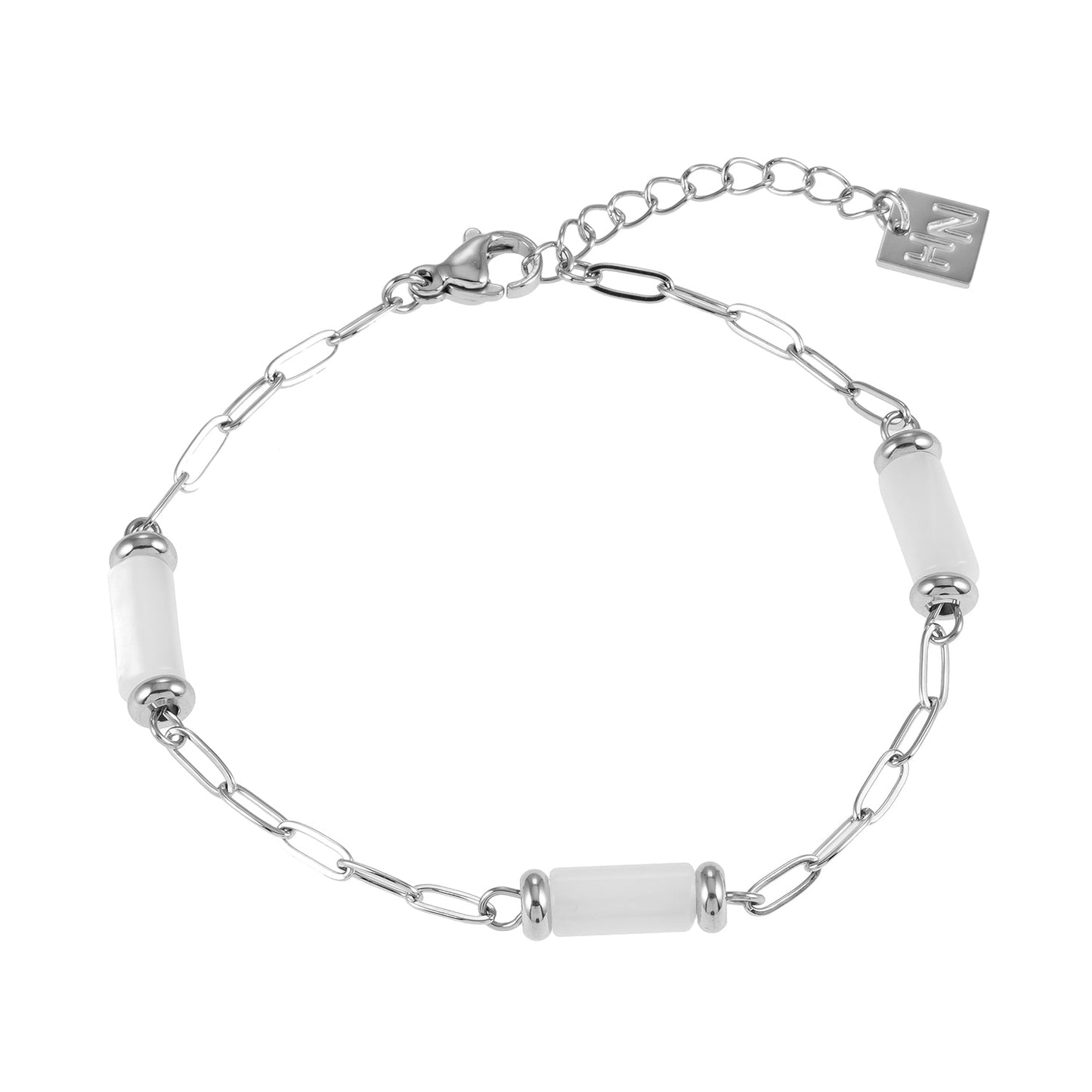 LAGUNA Silver (White Gold): Mini Paperclip Chain Bracelet with Natural Cylinder Cut Shell Beads