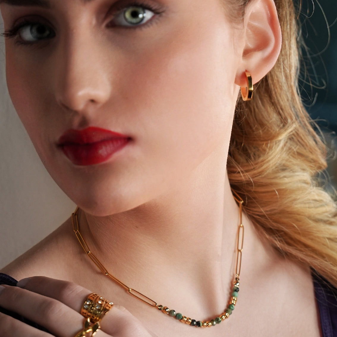 LAIMA: African Turquoise Stones & Gold Beaded Paper-Clip Chain Necklace