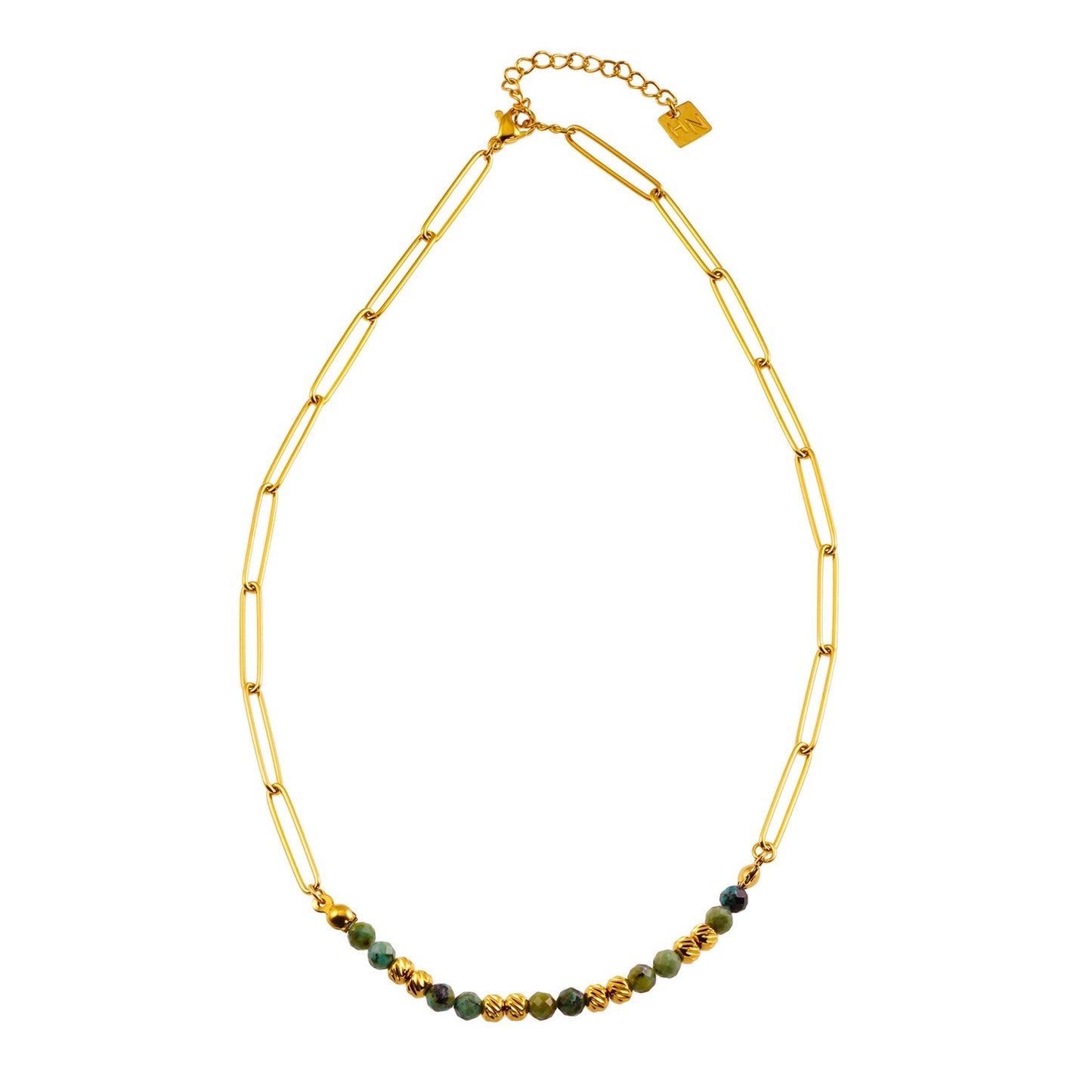 LAIMA: African Turquoise Stones & Gold Beaded Paper-Clip Chain Necklace