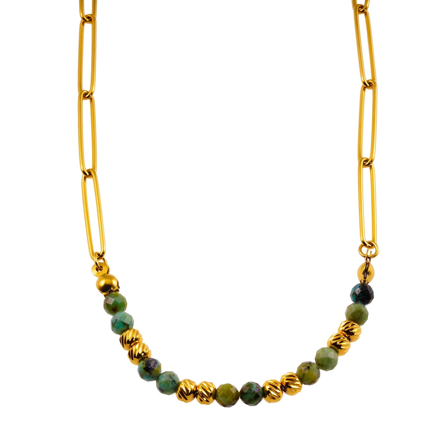 LAIMA: African Turquoise Stones & Gold Beaded Paper-Clip Chain Necklace