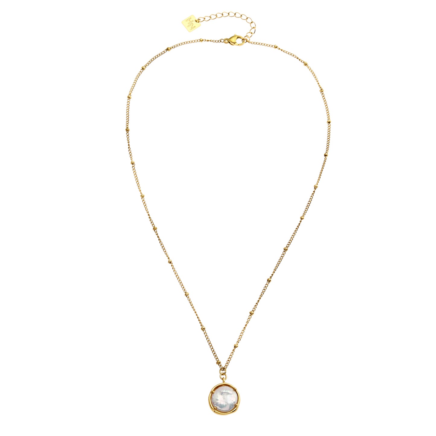 LERATI: Beaded Chain with an Encased Fresh Water Pearl Pendant in Gold