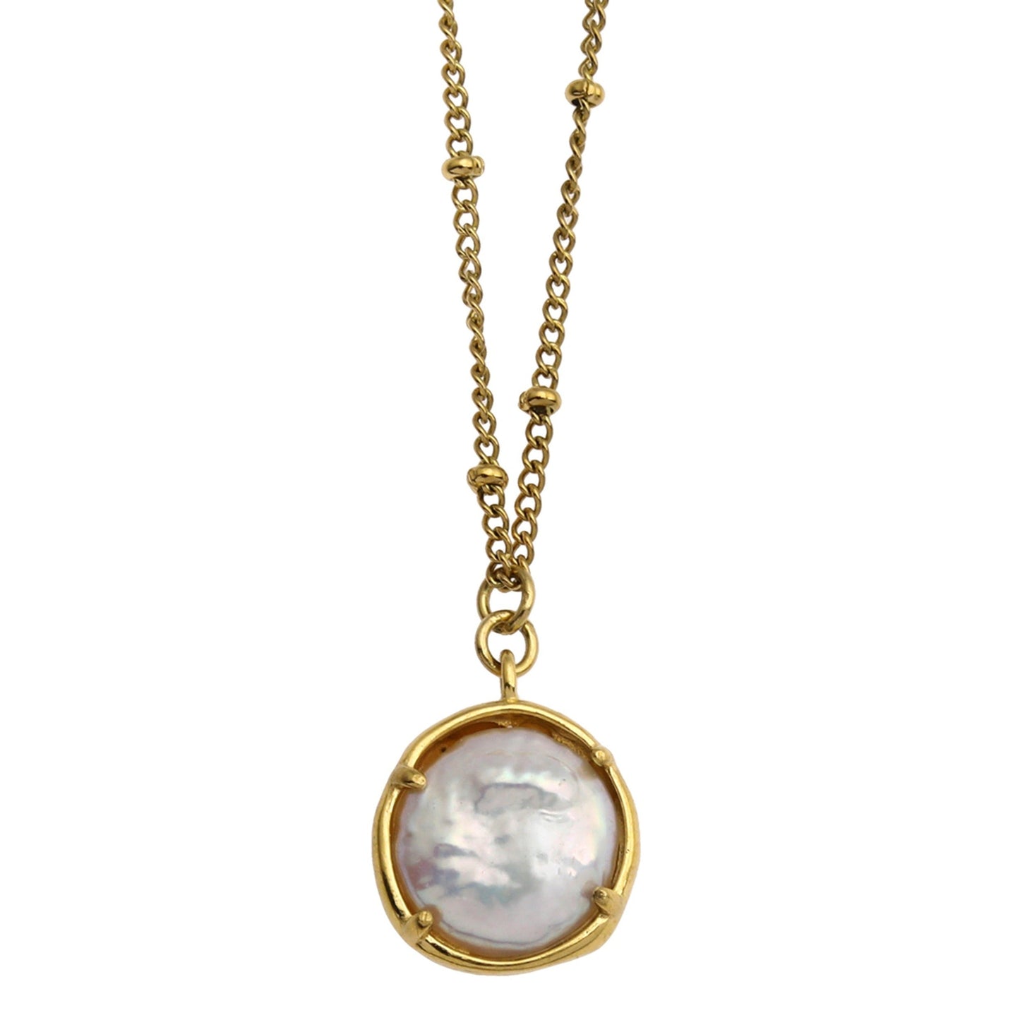 LERATI: Beaded Chain with an Encased Fresh Water Pearl Pendant in Gold