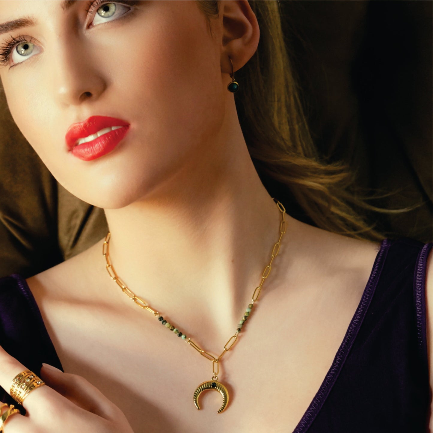 LILLE: Boho-Chic African Turquoise Natural Stone Crescent Moon Pendant Gold Necklace