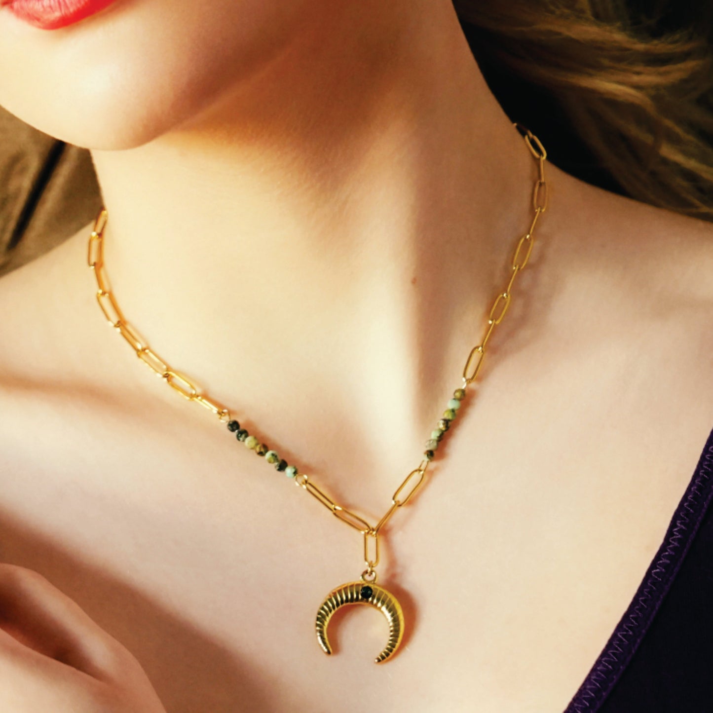 LILLE: Boho-Chic African Turquoise Natural Stone Crescent Moon Pendant Gold Necklace