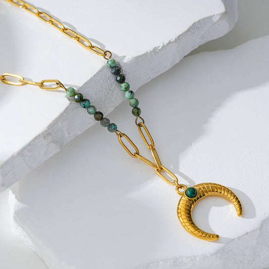 LILLE: Boho-Chic African Turquoise Natural Stone Crescent Moon Pendant Gold Necklace