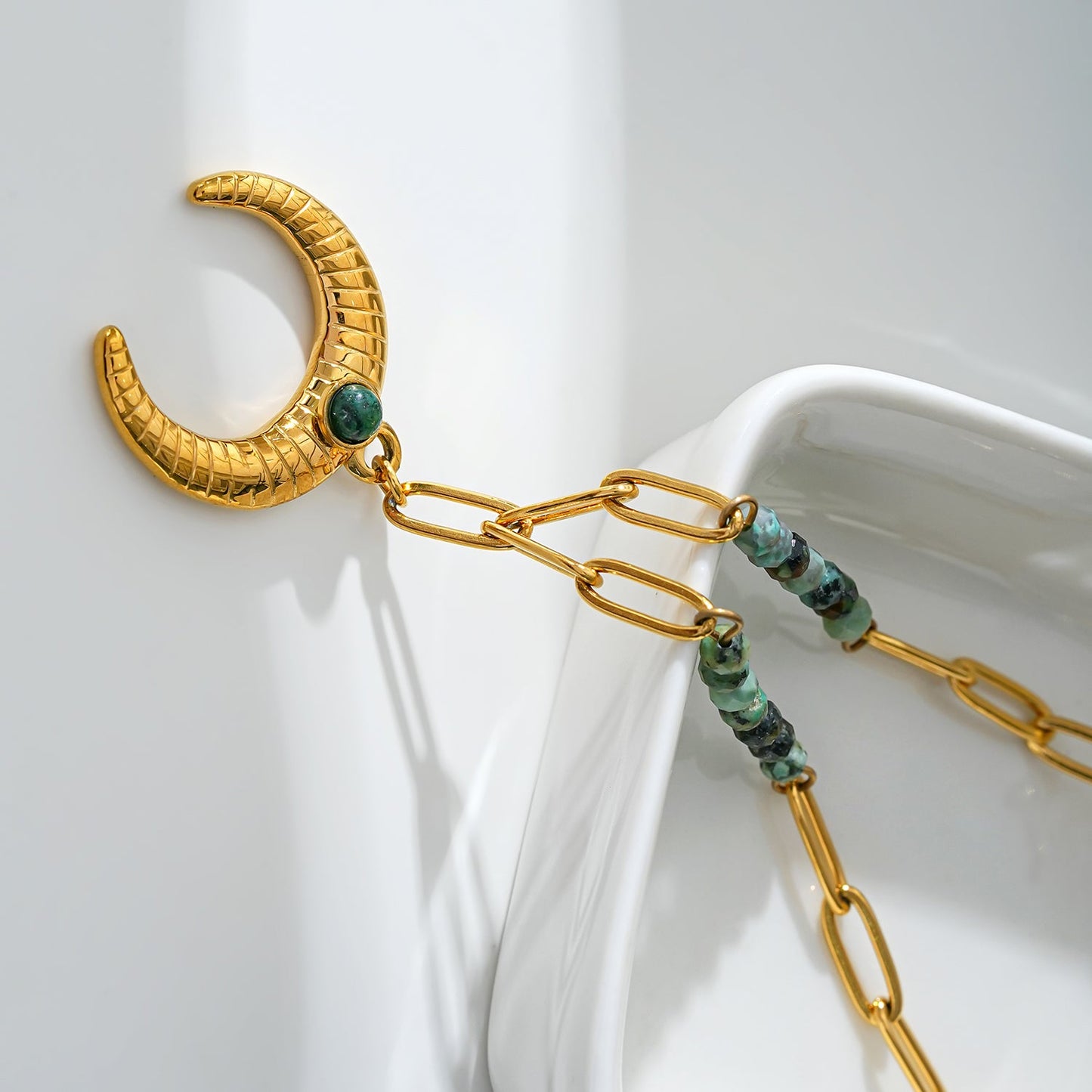 LILLE: Boho-Chic African Turquoise Natural Stone Crescent Moon Pendant Gold Necklace