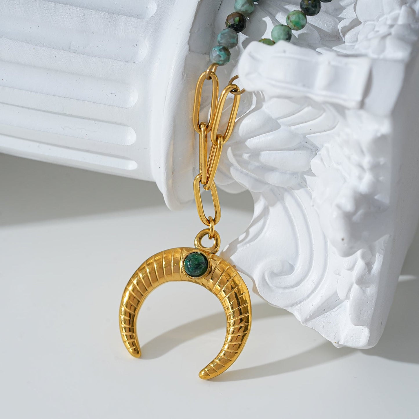 LILLE: Boho-Chic African Turquoise Natural Stone Crescent Moon Pendant Gold Necklace