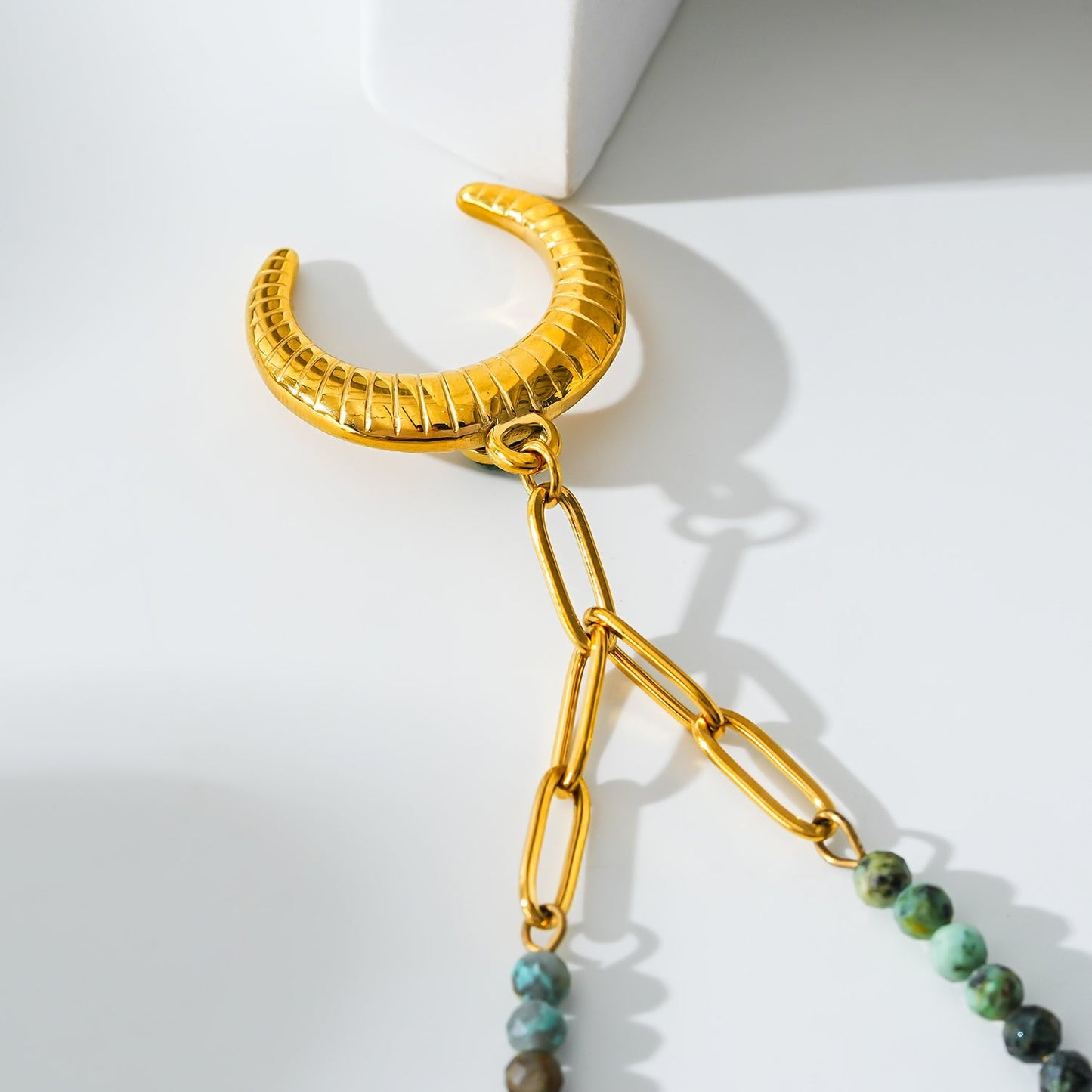 LILLE: Boho-Chic African Turquoise Natural Stone Crescent Moon Pendant Gold Necklace