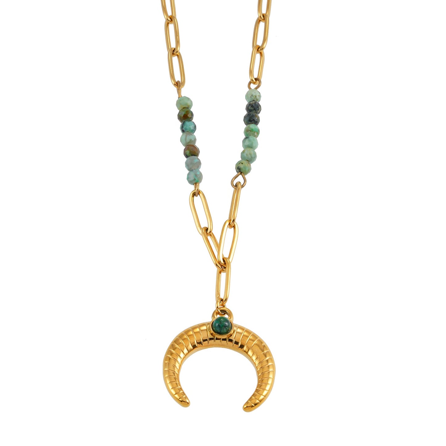 LILLE: Boho-Chic African Turquoise Natural Stone Crescent Moon Pendant Gold Necklace