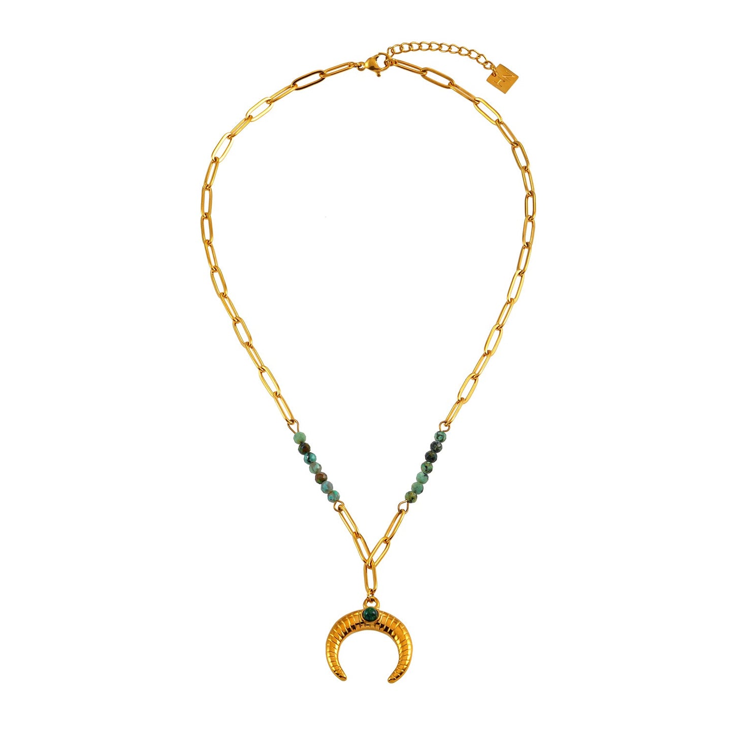 LILLE: Boho-Chic African Turquoise Natural Stone Crescent Moon Pendant Gold Necklace