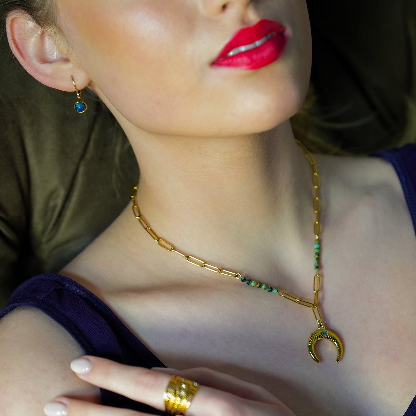 LILLE: Boho-Chic African Turquoise Natural Stone Crescent Moon Pendant Gold Necklace