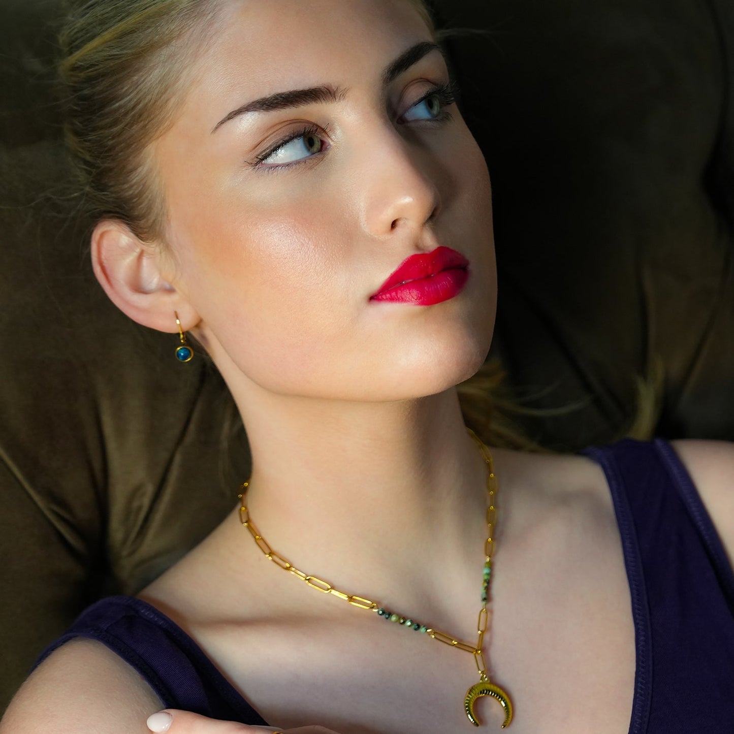 LILLE: Boho-Chic African Turquoise Natural Stone Crescent Moon Pendant Gold Necklace