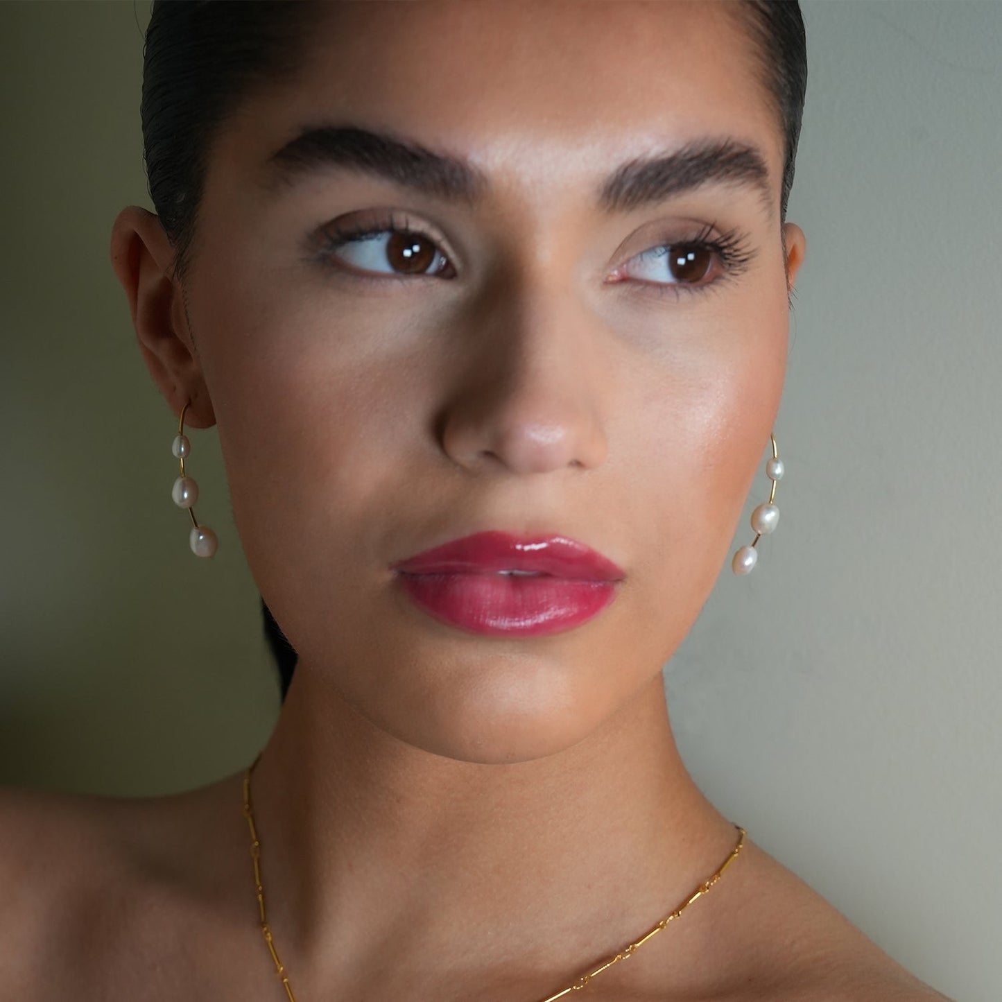 Style: LISANNE: Geometric Shaped Modernist Hoop Earring with a Trio of Fresh-Water Pearls