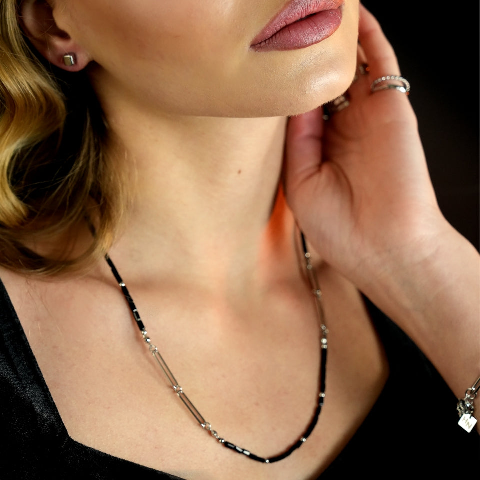 LORENA Black & Silver Beaded Paperclip Chain Necklace