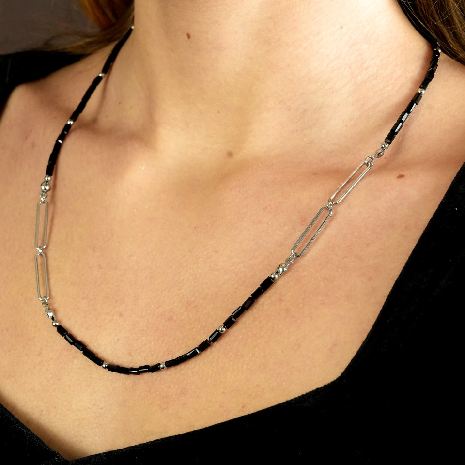 LORENA Black & Silver Beaded Paperclip Chain Necklace