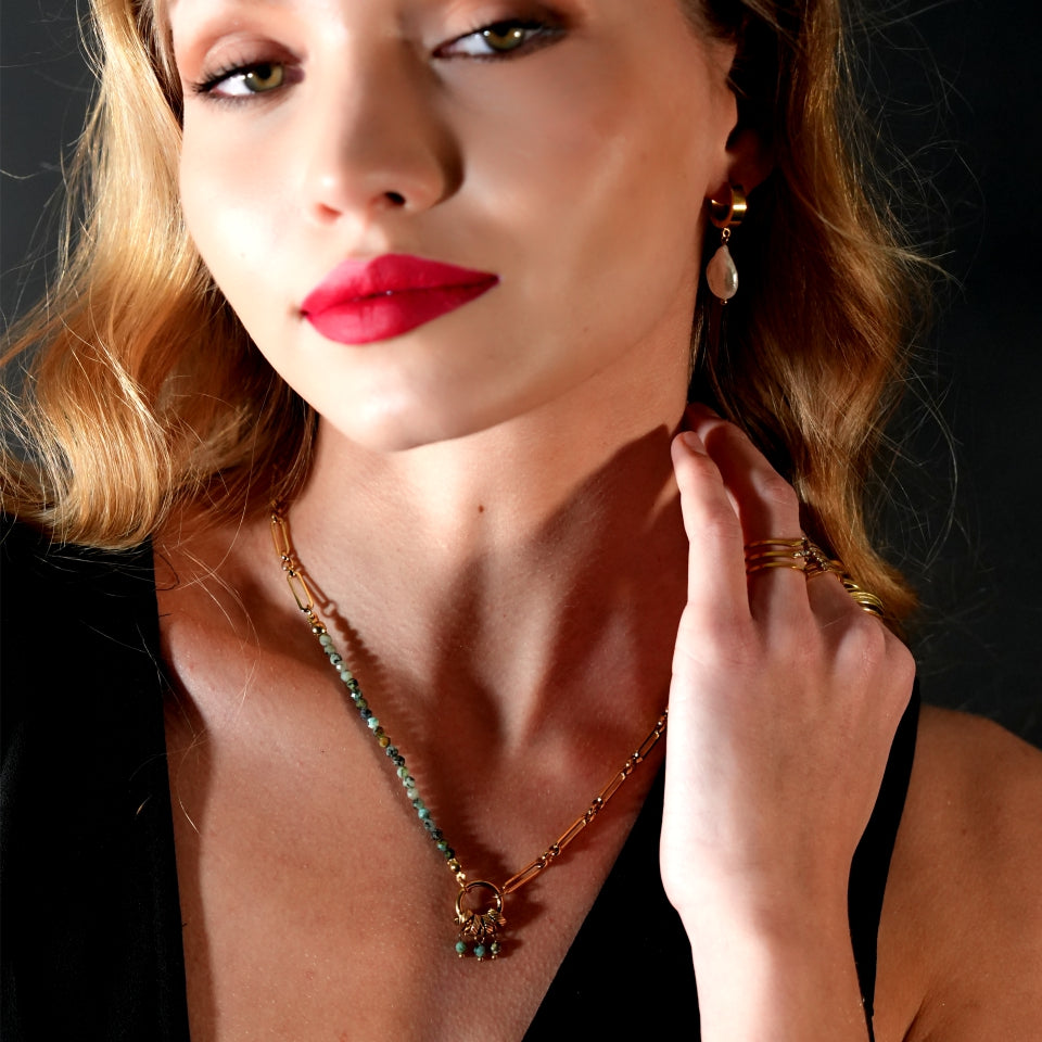 LYON: Boho-Chic African Turquoise Natural Stone Charm Pendant Gold Necklace