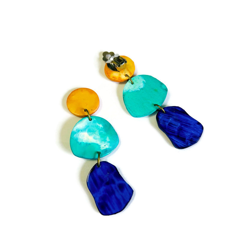 Extra Large Blue Earrings Handmade, Post or Clip On