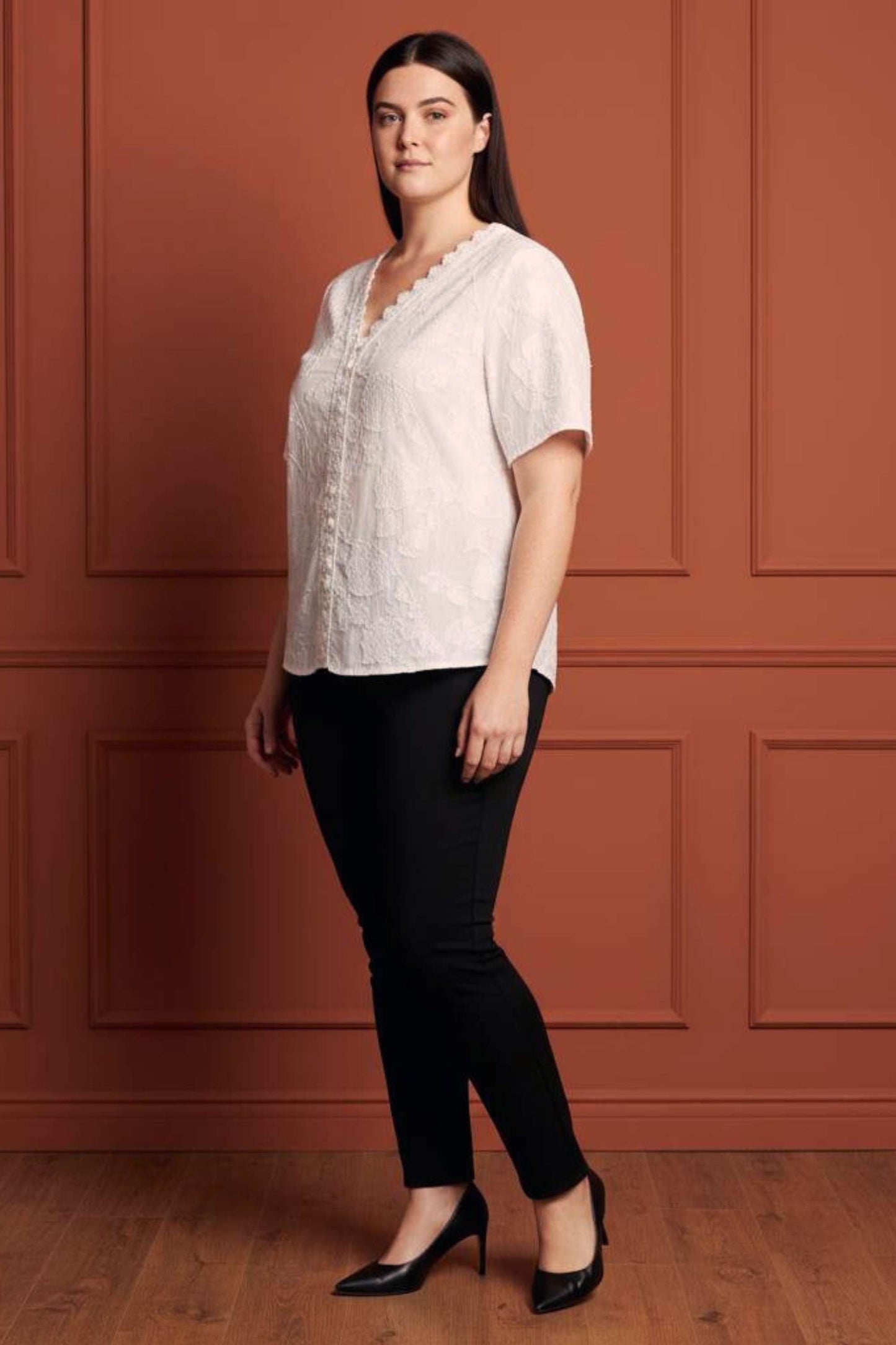 Lucie Embroidered V-Neck Blouse Lace Trim Flutter Sleeves Women