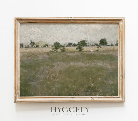 Vintage Landscape Painting - Muted Green Field Trees L245