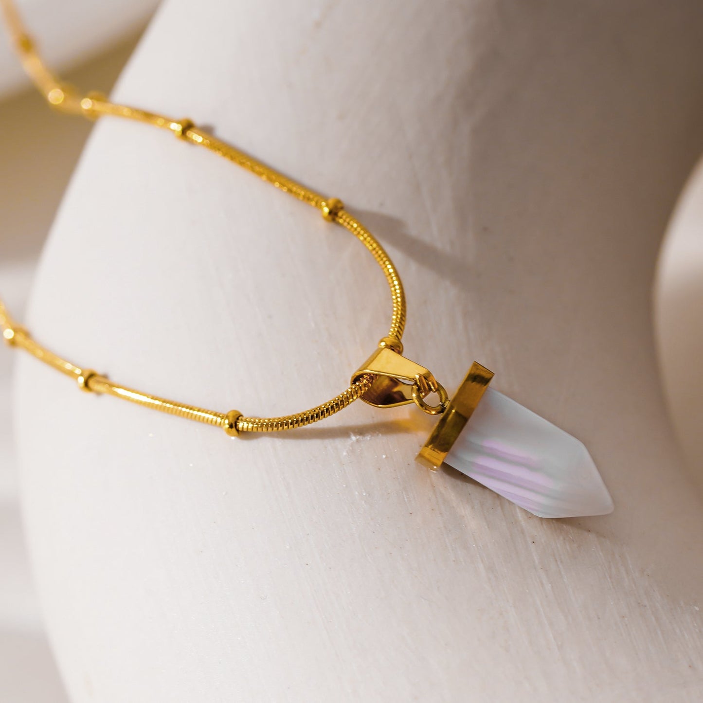 MAKEDA: Amethyst Stone Pendant Anchored on a Beaded Snake Skin Textured Chain Necklace