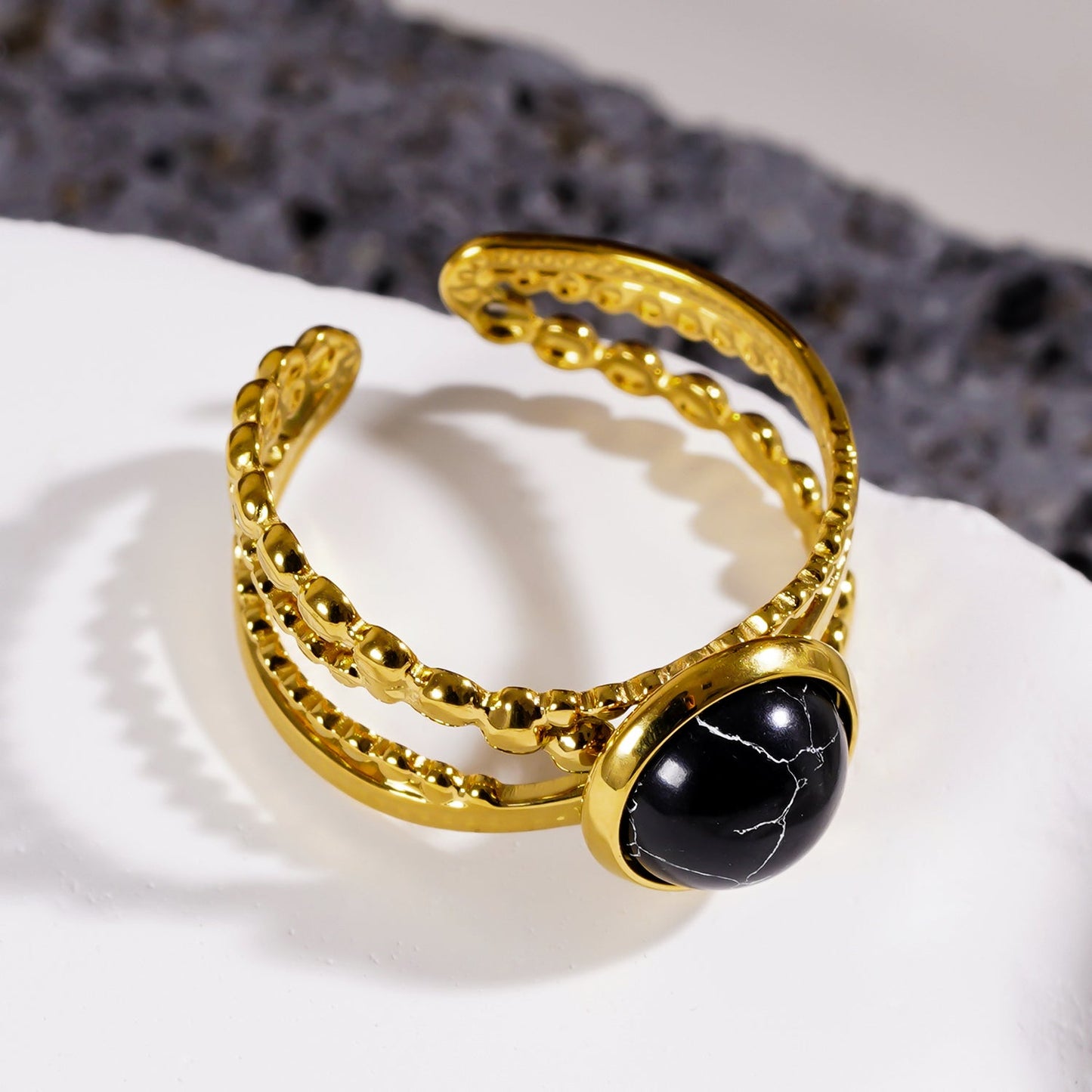 MALAYA: Cross Over Stacked Ring with a Black Turquoise Stone Centrepiece