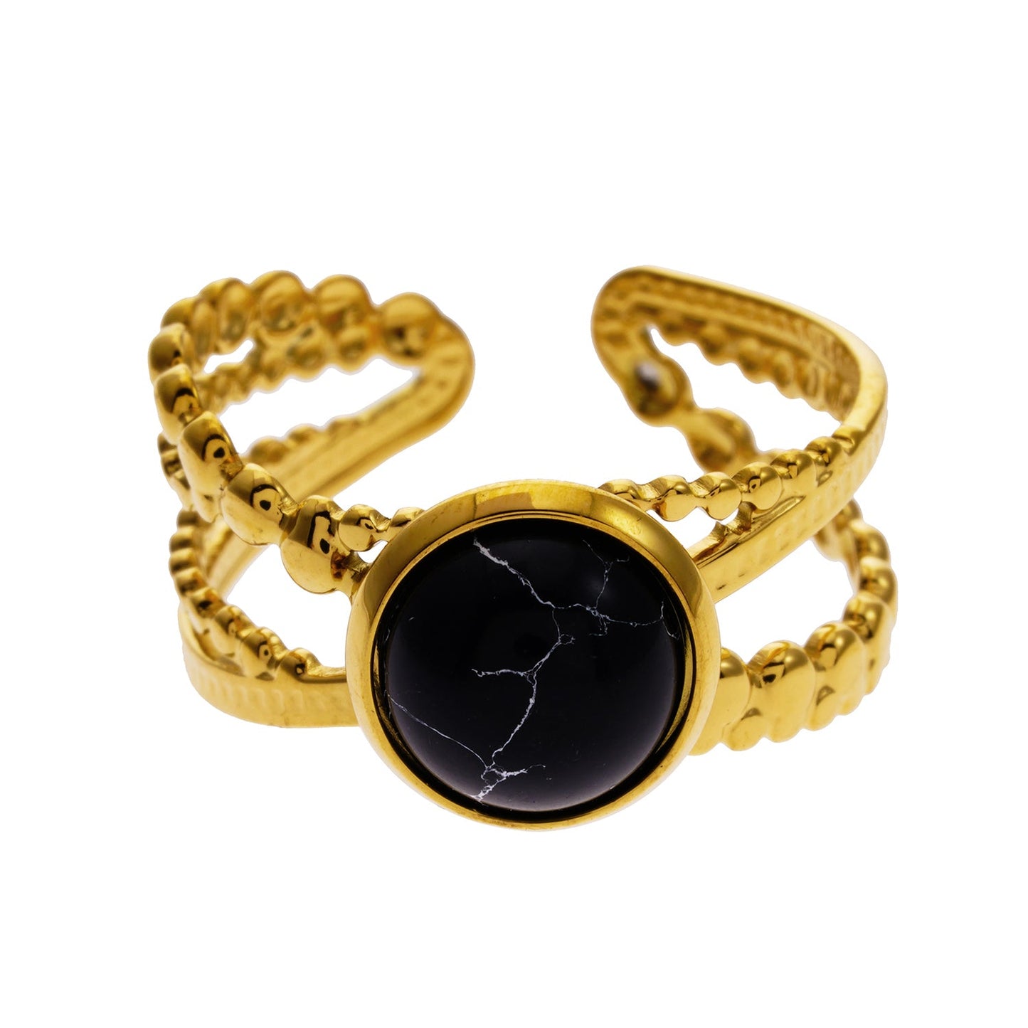 MALAYA: Cross Over Stacked Ring with a Black Turquoise Stone Centrepiece