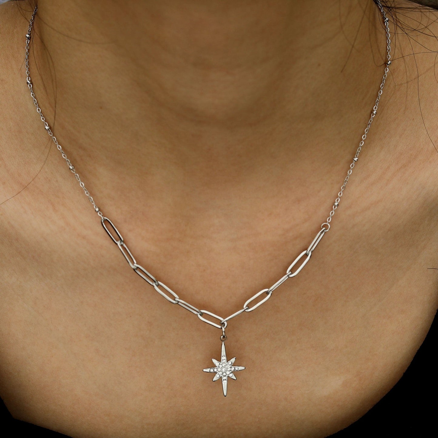 MALVINA Mix Silver Chain with Zirconia Studded Star Pendant