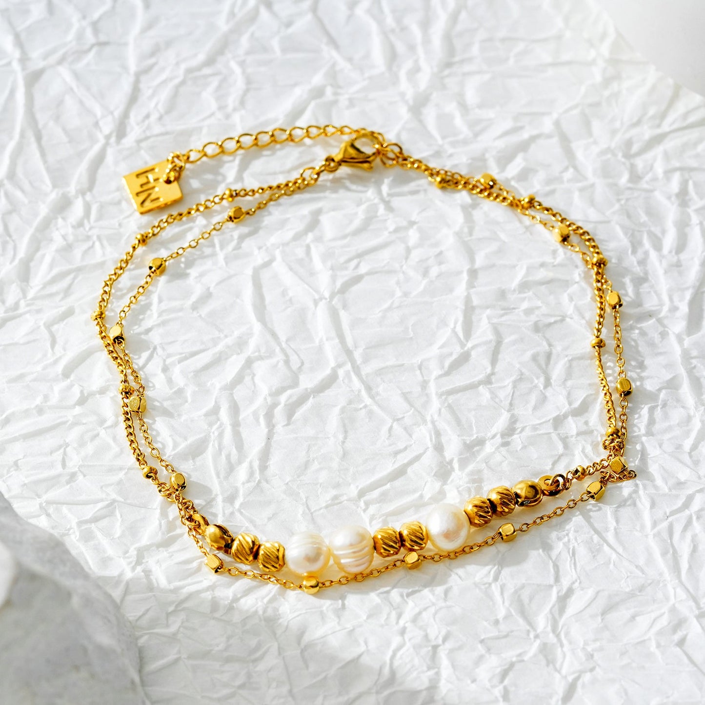 Style MARENTA LG: Gilded Harmony Chain Anklet with Gold Beads and Freshwater Pearls