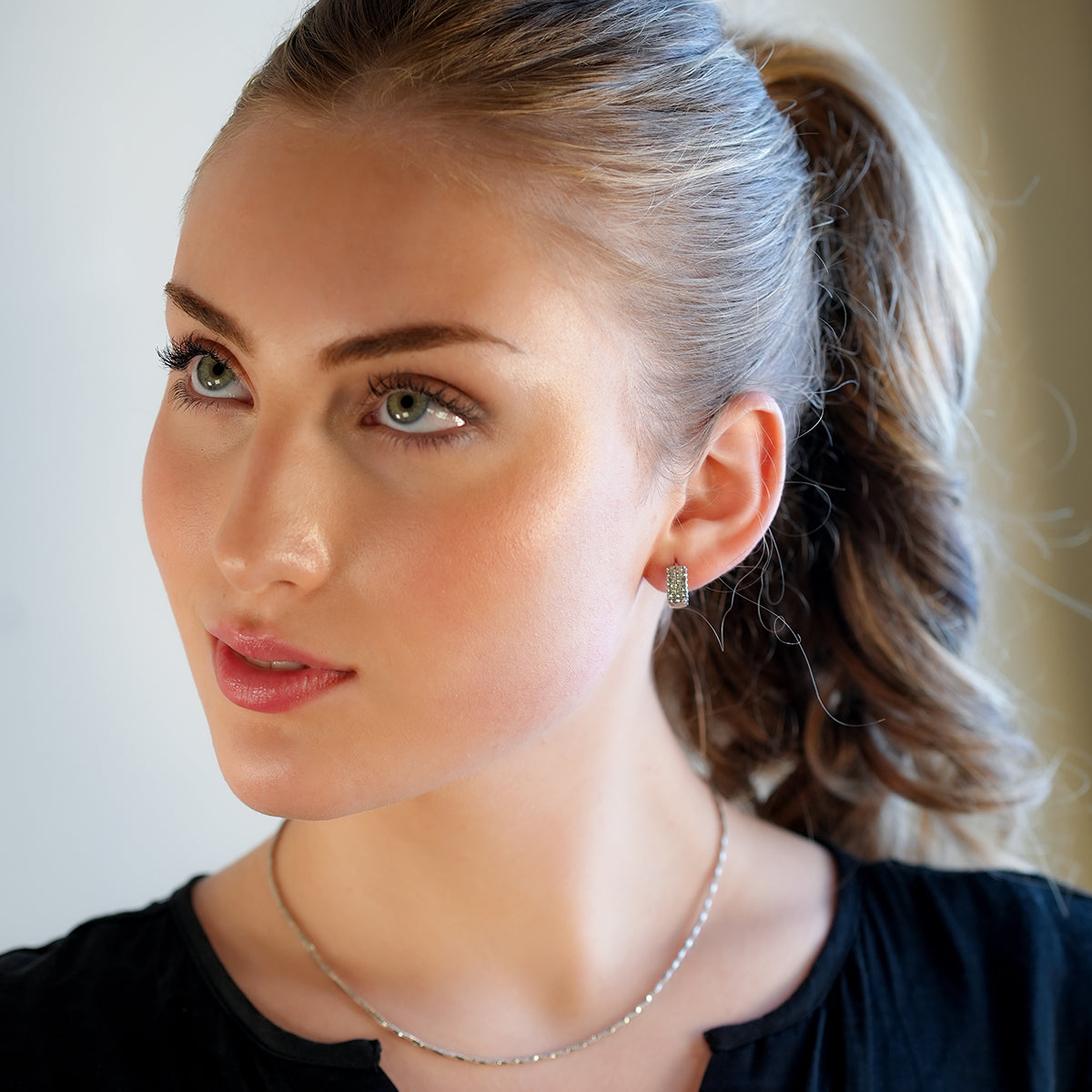 MARIETTA White Gold (Silver Toned): Mini Hoops with Pavé Zirconia Panel