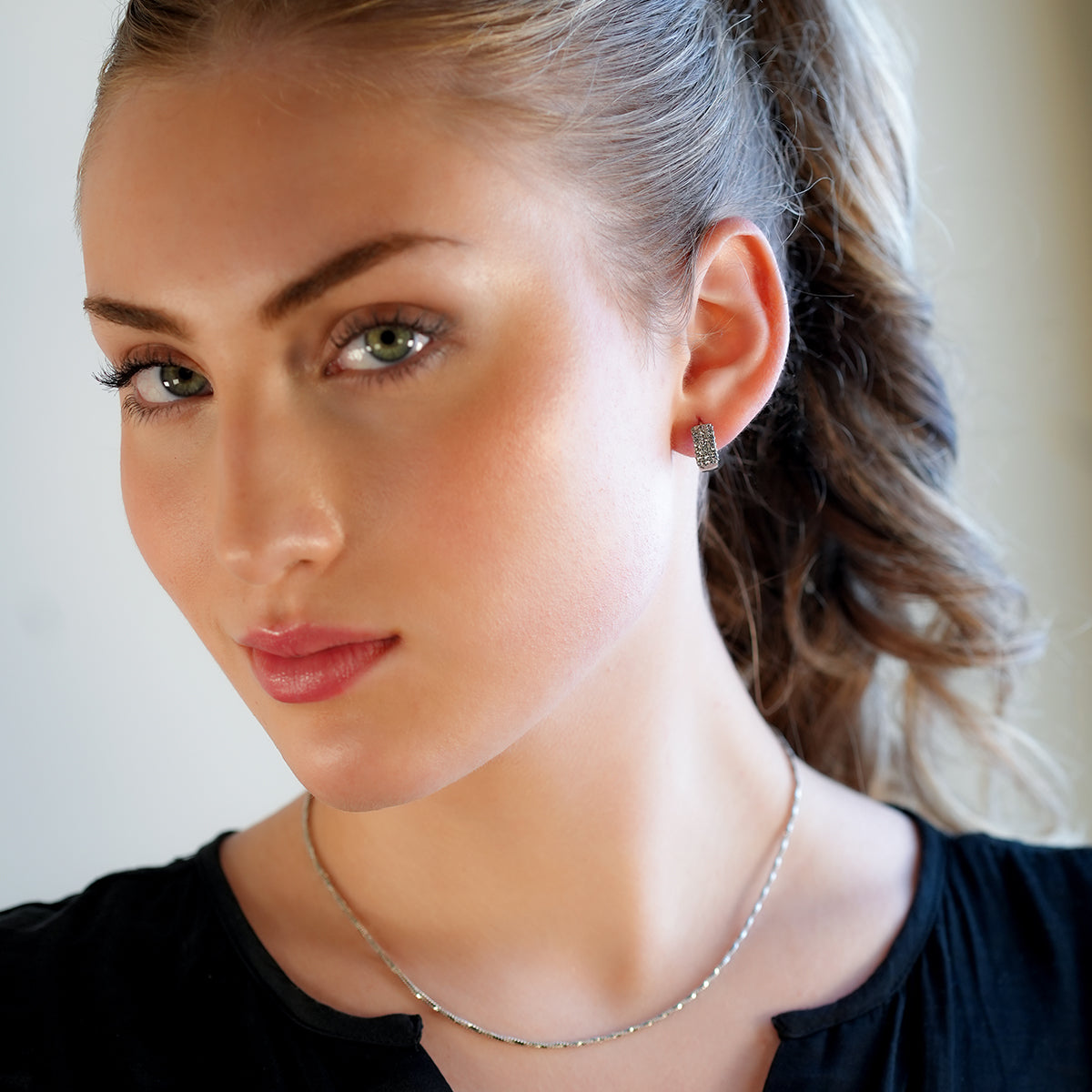 MARIETTA White Gold (Silver Toned): Mini Hoops with Pavé Zirconia Panel