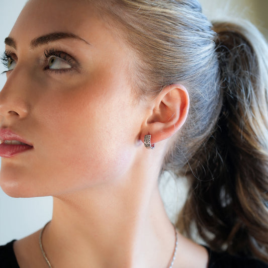 MARIETTA White Gold (Silver Toned): Mini Hoops with Pavé Zirconia Panel