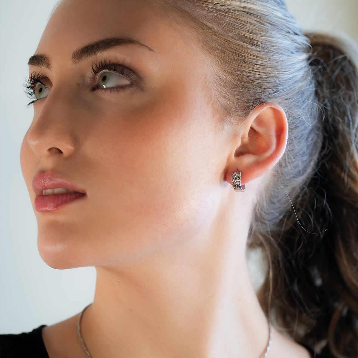 MARIETTA White Gold (Silver Toned): Mini Hoops with Pavé Zirconia Panel