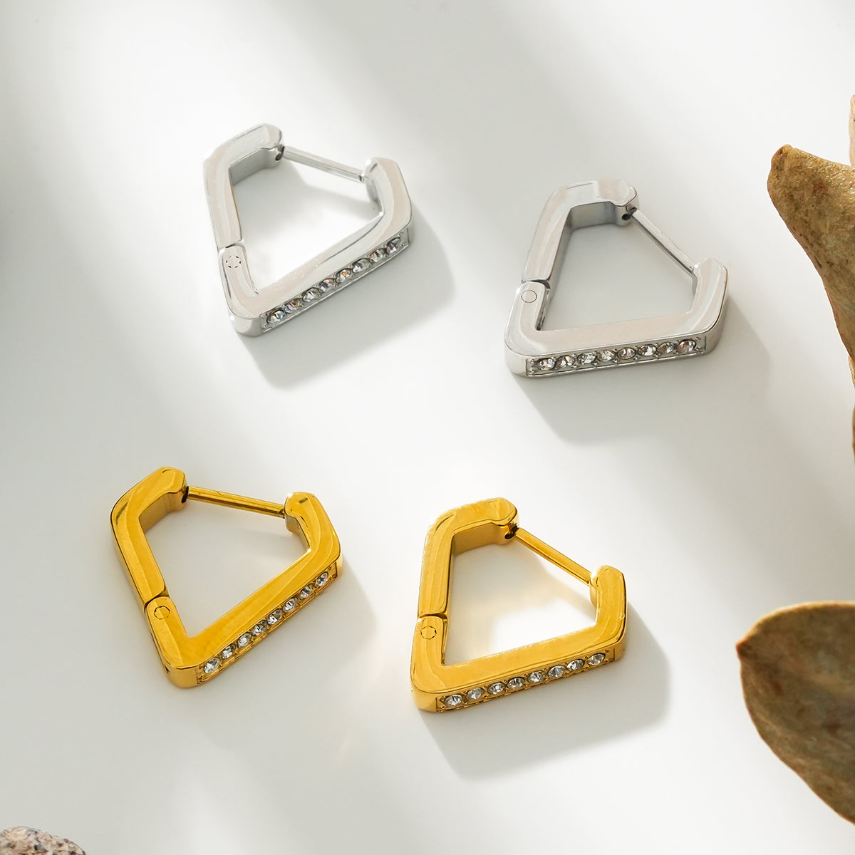 MARIETTA White Gold (Silver Toned): Triangle Shaped Mini Hoop Earrings with Pavé Zirconia