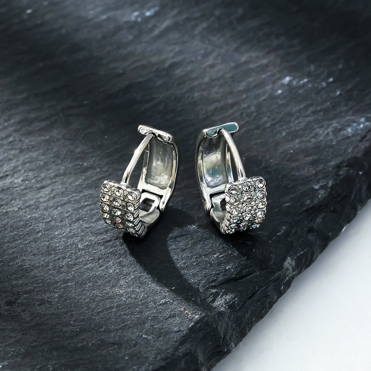 MARIETTA White Gold (Silver Toned): Mini Hoops with Pavé Zirconia Panel