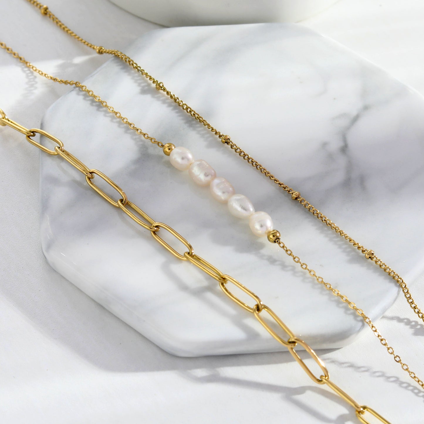 MARLI 3-Layer Multi Chain Gold Necklace featuring Natural Pearls