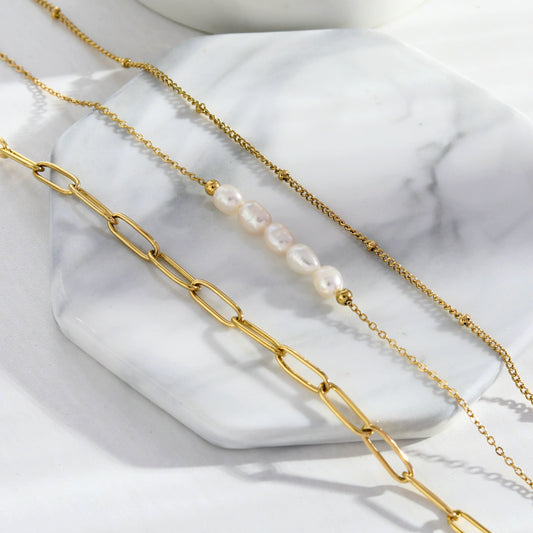 MARLI 3-Layer Multi Chain Gold Necklace featuring Natural Pearls