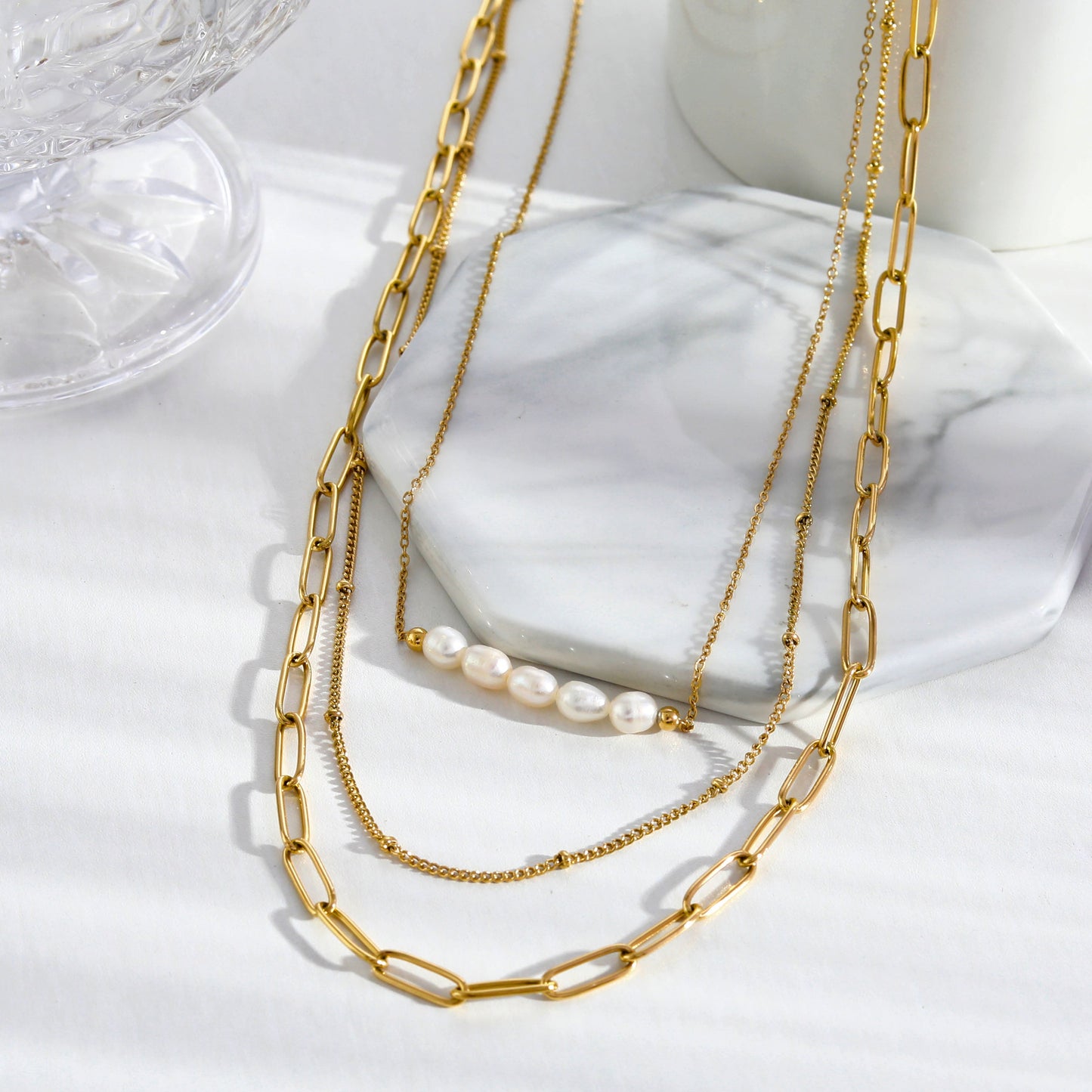 MARLI 3-Layer Multi Chain Gold Necklace featuring Natural Pearls