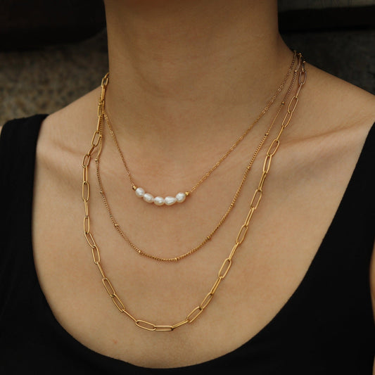 MARLI 3-Layer Multi Chain Gold Necklace featuring Natural Pearls