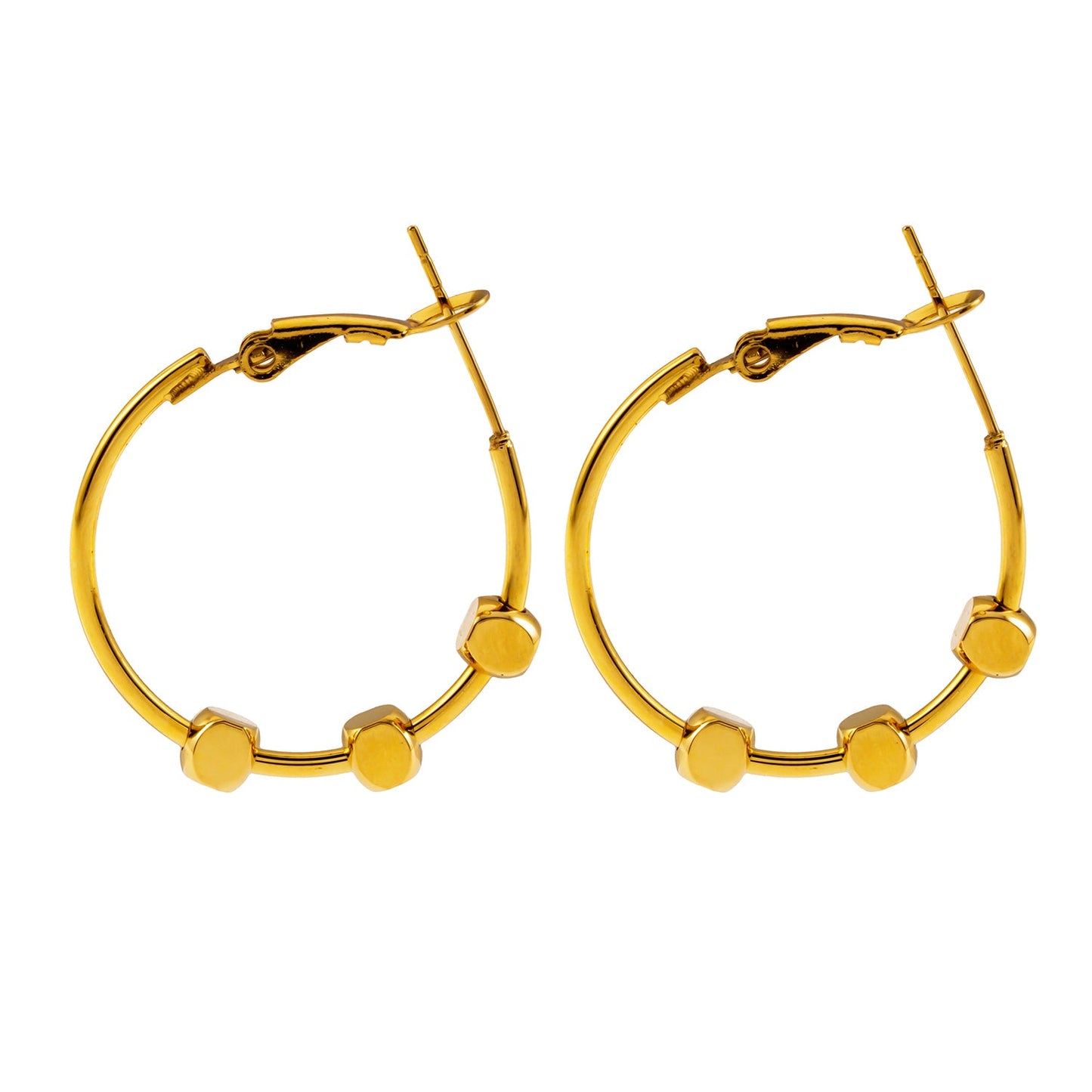 MASUYO: Avant-Garde Rounded Hoop Earrings Anchoring a Trio of Square Beads.