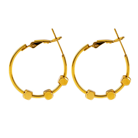 MASUYO: Avant-Garde Rounded Hoop Earrings Anchoring a Trio of Square Beads.