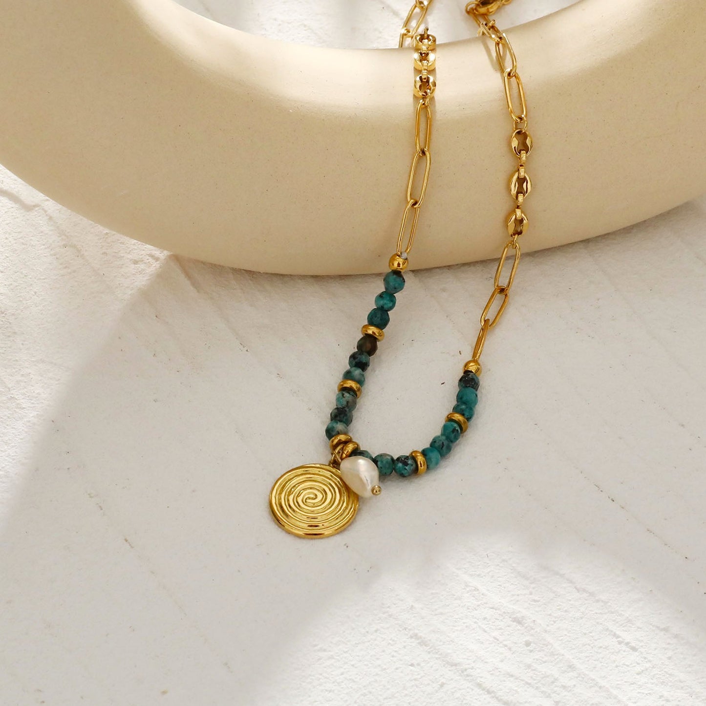 MEDELLIN: Contemporary Link Chain With AFRICAN TOURQUOISE Beads and a Duo of Pendants